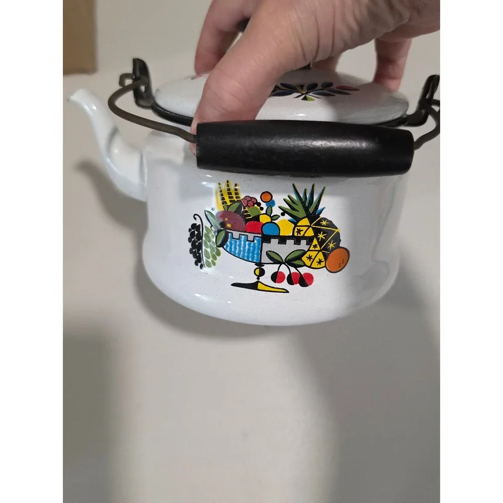 Vintage Bergen Enamelware Teapot Fruit Bowl Graphic White Enamel Tea Kettle